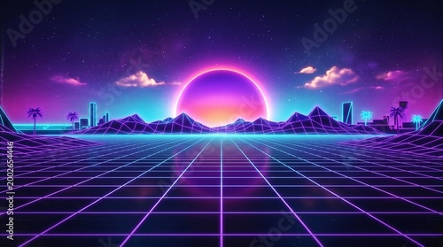 Background of night retro city with moon in violet and blue