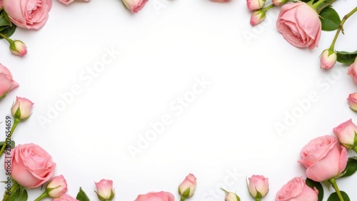 Romantic floral design with pink roses creating a heart-shaped border on white background.
