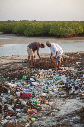 People cleaning up plastic waste from nature.