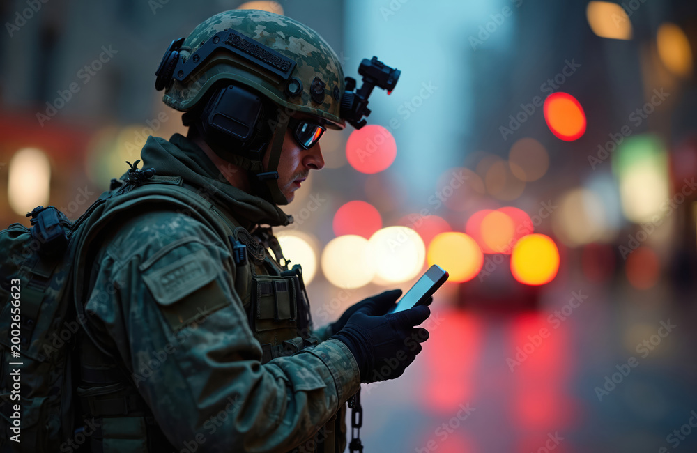 Fototapeta premium Soldier wearing helmet and gear uses smartphone in city at night. Military personnel checks mobile device with blurred city lights background. Communication technology in combat zone.