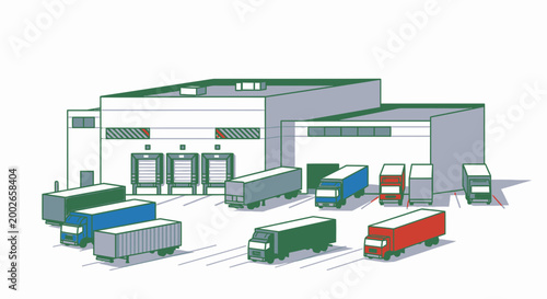 Distribution Center Exterior with Delivery Trucks and Loading Docks