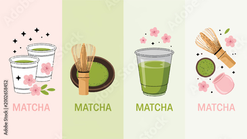 A set of four minimalist matcha tea illustrations showcasing the drink and its preparation tools against pastel backgrounds