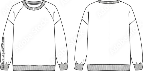 Blank oversized sweatshirt technical fashion sketch template with front and back views for apparel design and clothing mockup creation