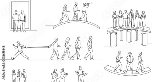 Business leadership and teamwork concept collection featuring professional line art of people walking across bridges collaborating and overcoming obstacles together