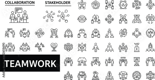 Comprehensive collection of business teamwork and stakeholder collaboration line icons representing partnership corporate strategy leadership networking and effective communication