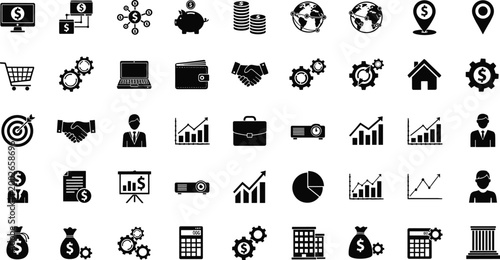 Large Collection of Business and Finance Solid Black Icons Featuring Growth Charts Money Management Global Communication and Corporate Strategy