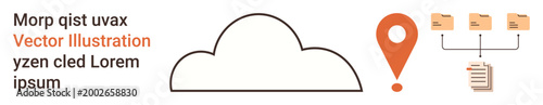 Cloud storage, data sharing, file management, location tracking, document organization, digital integration. Visual elements include a cloud, a location marker, and file icons linked to a document