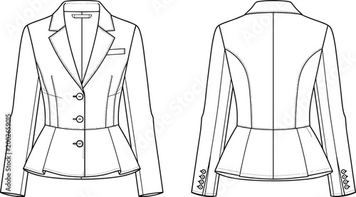 Women Long Sleeve Peplum Blazer Jacket Fashion Flat Technical Sketch Template Featuring Notch Lapel And Front Back Views
