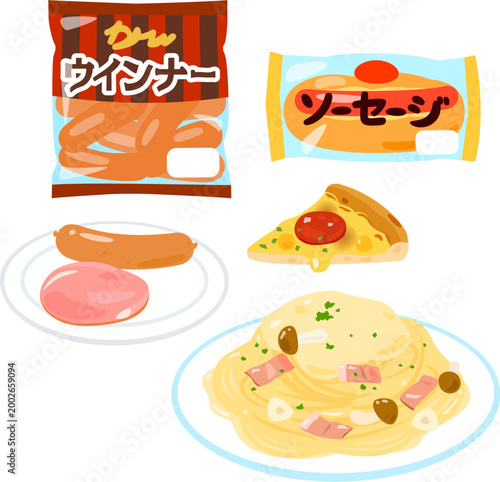肉加工品のパッケージや料理のイラストセット