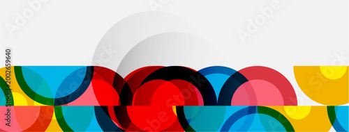 Abstract composition features overlapping colorful circles, creating dynamic visual effect. White space dominates upper portion.