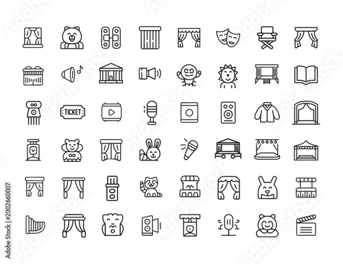 This large collection of outline icons features various elements associated with theater, performance, and entertainment events