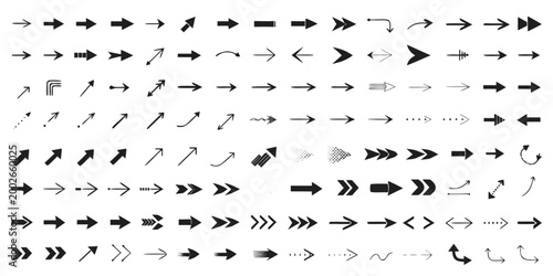 Collection of black arrow icons diverse styles and directions