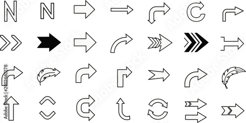 Collection of various black arrows on a plain surface for navigation and direction