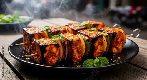 Charred Skewered Tofu and Vegetables Glazed with Sauce on Plate
