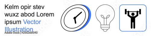 Productivity, time management, creativity, fitness goals, personal development, scheduling. A clock, a light bulb and a person lifting weights icon. Productivity and time management concepts