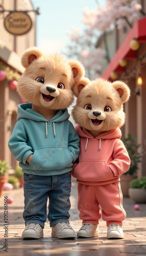 This image features a digital illustration of two furry cartoon-style teddy bears wearing hoodies and standing on a city street