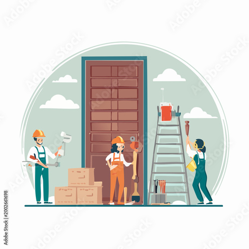 Construction workers painting and renovating a door