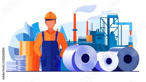 Steel production industry, manufacturing vector icon consist of worker, machine equipment and production line. Include process to casting product of steel, aluminum, iron or stainless i.e. pipe, roll.
