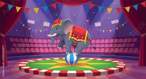 Circus elephant balancing on ball in arena stage, colorful carnival performance scene with lights, flags and audience vector illustration