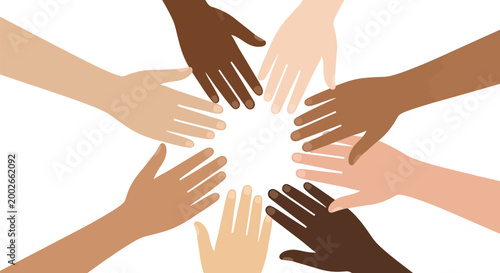 Diverse human hands joined together in a circle to represent unity and global community cooperation