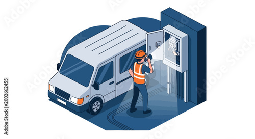 A technician inspects an electrical panel with a flashlight next to a service van, illustrating maintenance work.