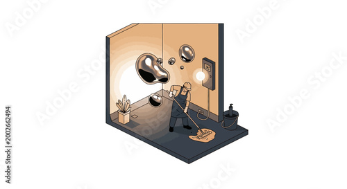 Person mopping a room with reflective, floating blob-like objects and a plant, in an isometric illustration.