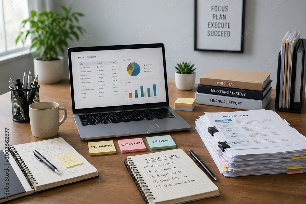 Obraz premium Organized workspace with laptop and documents, productivity concept