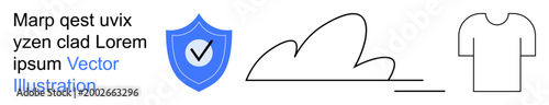 Cybersecurity, cloud storage, data privacy, minimalism, textile industry, verification. A shield with checkmark, a cloud shape and a t-shirt outline. Cybersecurity and cloud storage