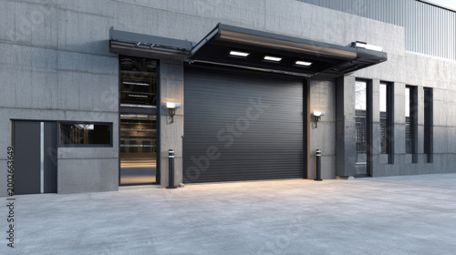 Industrial or commercial building exterior. Use as factory, warehouse, store and workplace. Safety and protection with roller door, roller shutter or overhead door. Concrete pavement floor outside.