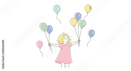 Little girl holding colorful balloons freely.