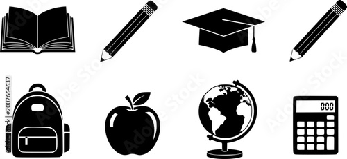 Education and school icon set, black silhouette vector symbols of learning, 8 academic elements for classroom teaching and university graduation
