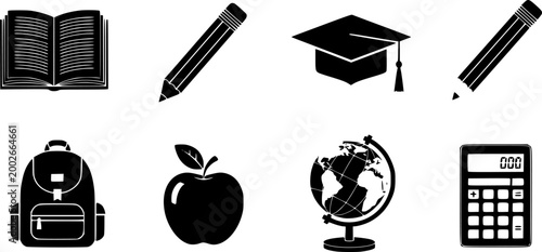 Education and school icon set, black silhouette vector symbols of learning, 8 academic elements for classroom teaching and university graduation
