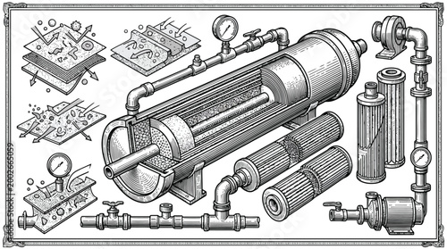 Industrial Filtration System Cylindrical Tank Diagram.