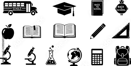 Back to school vector icon set, black silhouette education symbols with school bus and graduation cap, academic supplies and backpack collection

