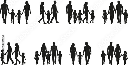 Large Vector Set of Happy Family Silhouettes Featuring Parents Walking and Holding Hands with Children and Toddlers Isolated on White Background for Lifestyle Graphics