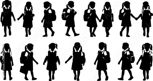 School girl silhouette icons set, primary student with backpack walking to class, 10 black vector figures of young female pupils for education design
