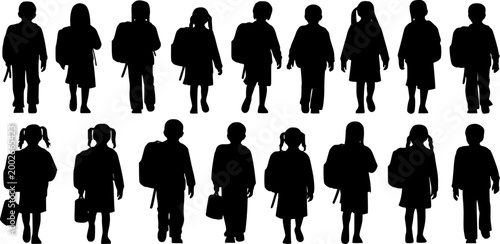 School girl silhouette icons set, primary student with backpack walking to class, 10 black vector figures of young female pupils for education design
