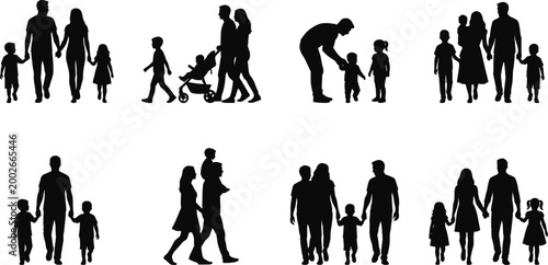 Large Vector Set of Happy Family Silhouettes Featuring Parents Walking and Holding Hands with Children Toddlers and Baby in Stroller Isolated on White Background