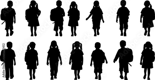 School girl silhouette icons set, primary student with backpack walking to class, 10 black vector figures of young female pupils for education design
