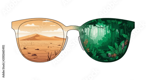 Bild auf Leinwand Conceptual sunglasses featuring desert and jungle landscapes in the lenses