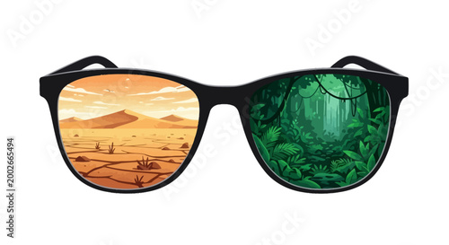 Quadro su tela Sunglasses reflecting desert and jungle landscapes representing climate change