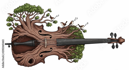 Obraz na plátně Surreal illustration of a musical violin made of a growing tree with singing bir
