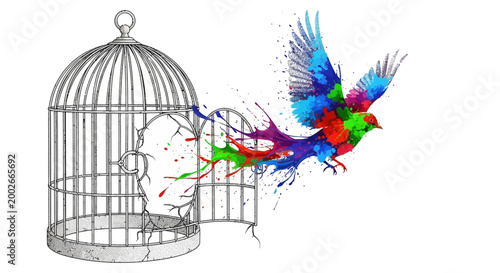 Vibrant bird flying from open cage, representing freedom and creativity.