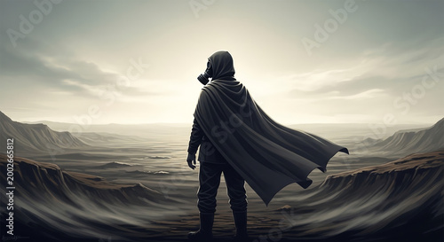 A mysterious figure in a cloak gazes at a vast landscape with a futuristic vibe.