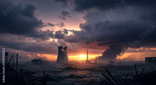 Damaged cooling tower of a nuclear power plant in a destroyed industrial area at sunset. Disaster concept.