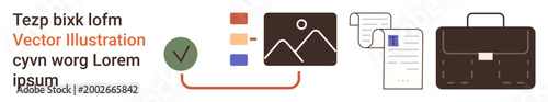 Business processes, organization, project management, workflow optimization, documentation, visual materials. Checkmark, documents icons of images and a briefcase. Workflow optimization and project