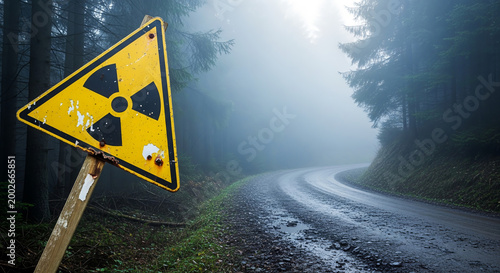 Radiation sign at a sharp turn on a foggy forest road. Environmental contamination, disaster concept.