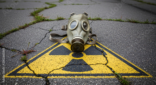 A gas mask lies on a radiation warning sign painted on cracked asphalt. The threat of pollution and the danger of war.