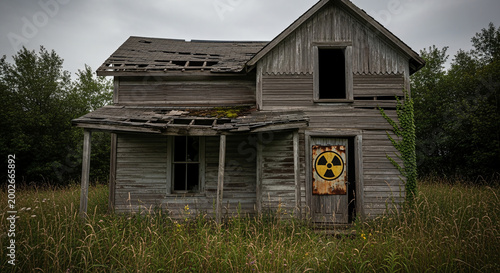 An old abandoned wooden house with a radiation warning sign on the door. Concept of pollution, exclusion zone and environmental danger.