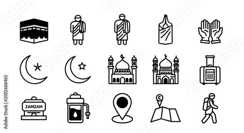 black and white single icon set featuring Hajj pilgrimage symbols including Kaaba, pilgrim, ihram clothing, prayer hands, crescent moon, mosque, luggage, Zamzam water, map pin, and walking pilgrim. 
